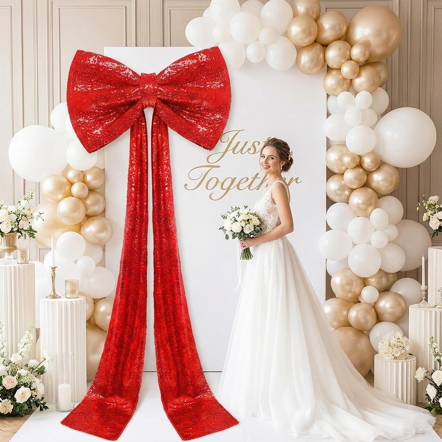 Skiennix Sequin Giant Bow - Oversized Red Decoration with Long Ribbon | 75 x 23 Inch for Weddings & Parties