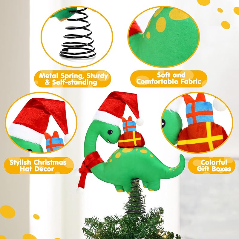 Christmas Dinosaur Tree Topper - Plush Brachiosaurus with Santa Hat