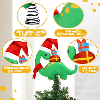 Christmas Dinosaur Tree Topper - Plush Brachiosaurus with Santa Hat