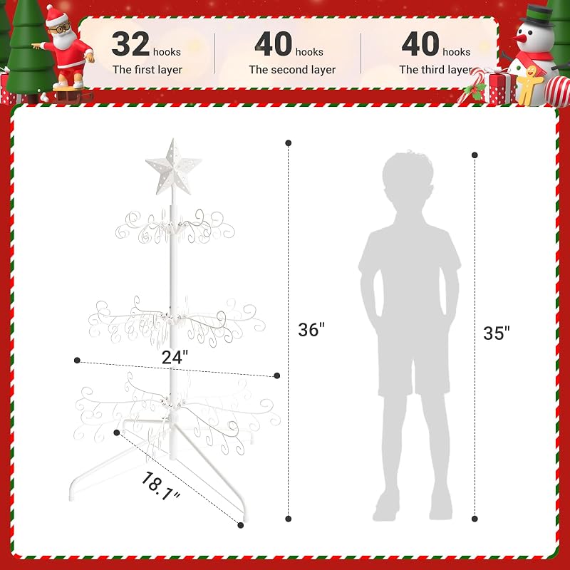 White 3 ft Christmas Ornament Display Stand Tree - Freestanding Iron Rack