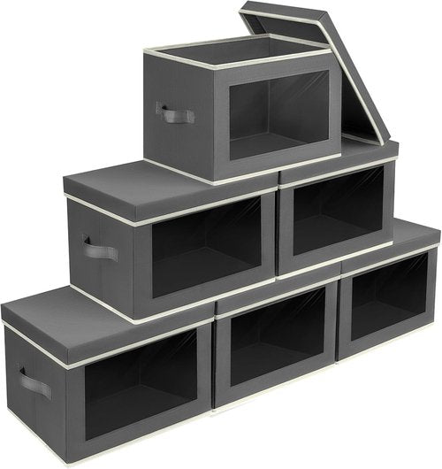 Homsorout Stackable Storage Bins - Large Foldable Closet Organizers with Lids, 6-Pack, Dark Grey