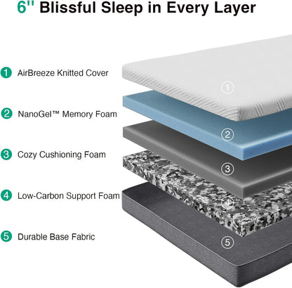 Novilla Twin Mattress - 6-Inch Gel Memory Foam for Cool Sleep & Pressure Relief | Medium Firm Twin Size