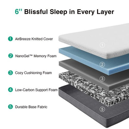 Novilla Twin XL Mattress, 6-Inch Gel Memory Foam Mattress for Cool Night Sleep & Pressure Relief，Medium Firm XL Twin Size in a Box, Bliss