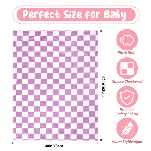 GreatBba Plush Checkered Baby Blanket for Boys Girls Nursery, 30"*40" Warm Short Fleece Blanket Neutral for Infant Newborn, Small Fuzzy for Sleeping, Chenille or Stroller (Purple&White)