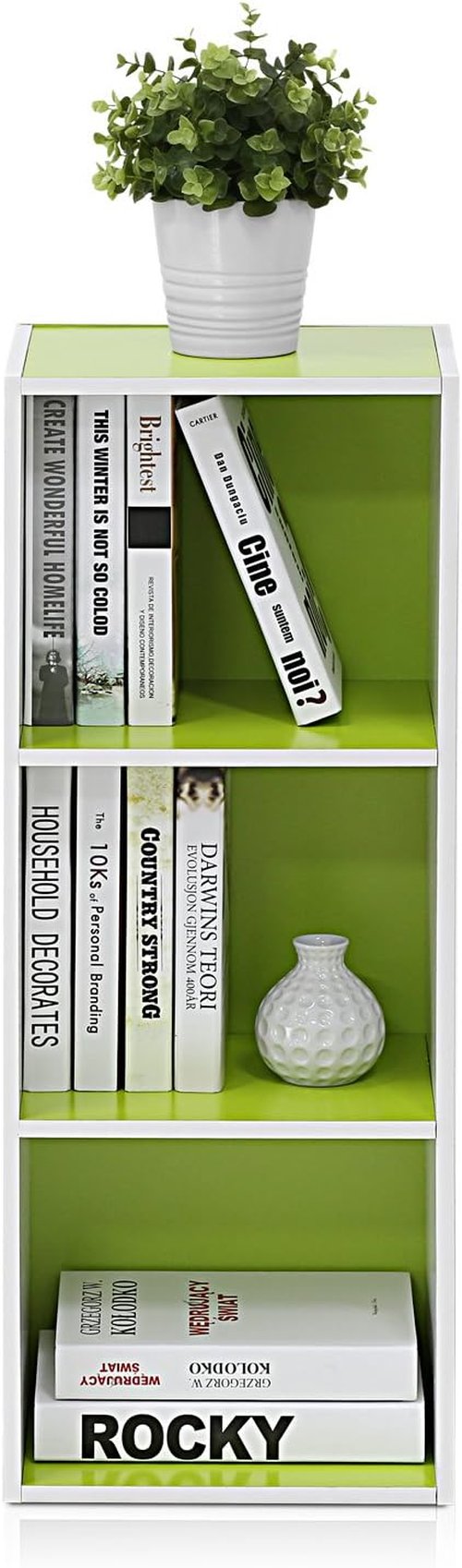 Furinno LUDER 3-Cube Bookshelf - Easy Assembly Bookcase with Open Shelves | White/Green, 9.3 x 12 x 31.5
