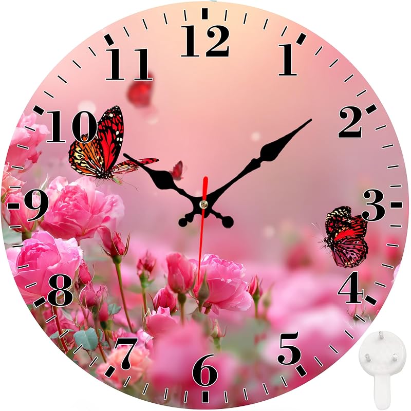 12-Inch Silent Round Wall Clock with Non-Ticking Mechanism - Pink Rose Butterfly Variation
