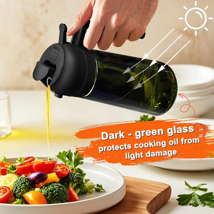 Skiennix 2-in-1 Glass Oil Sprayer & Dispenser - 16oz Olive Oil Bottle for Cooking & Air Fryer Accessories (White & Dark Green)