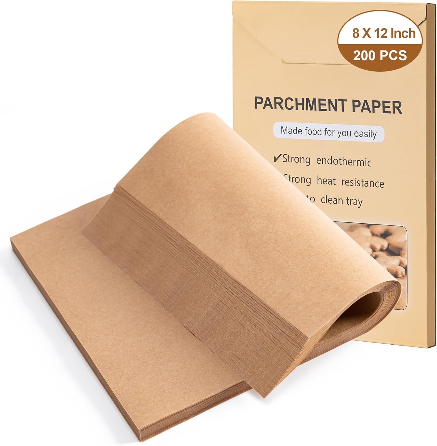 Skiennix Parchment Paper Sheets - Non-Stick Precut Baking Paper | 200 Pcs, 8 x 12 Inches, Unbleached