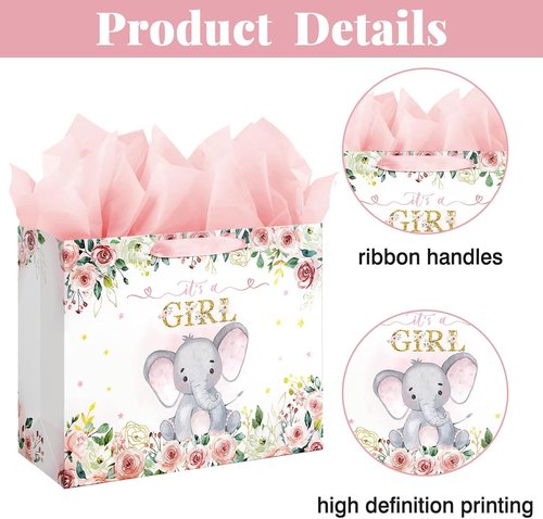 Laidans Large Pink Floral Elephant Baby Shower Gift Bag - Includes Tissue Paper & Card