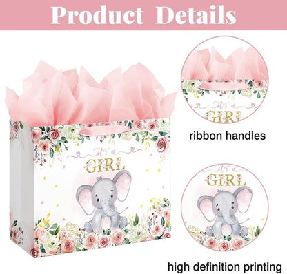 Laidans Large Pink Floral Elephant Baby Shower Gift Bag - Includes Tissue Paper & Card