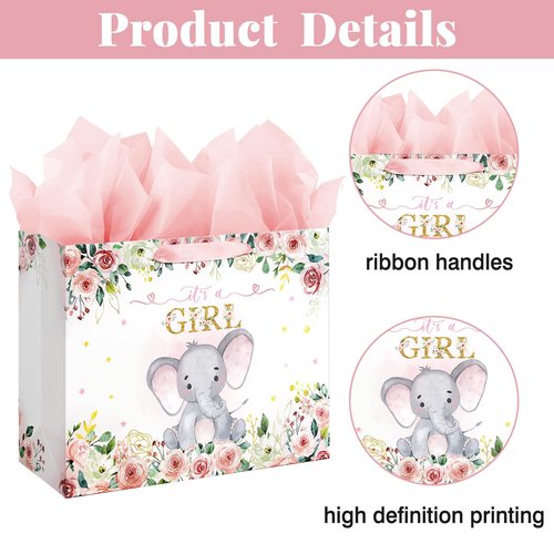 Laidans 13" Large Baby Shower Birthday Gift Bag for Girl with Tissue Papers and Card Pink Floral Elephant Design with Handles (Large Pink)