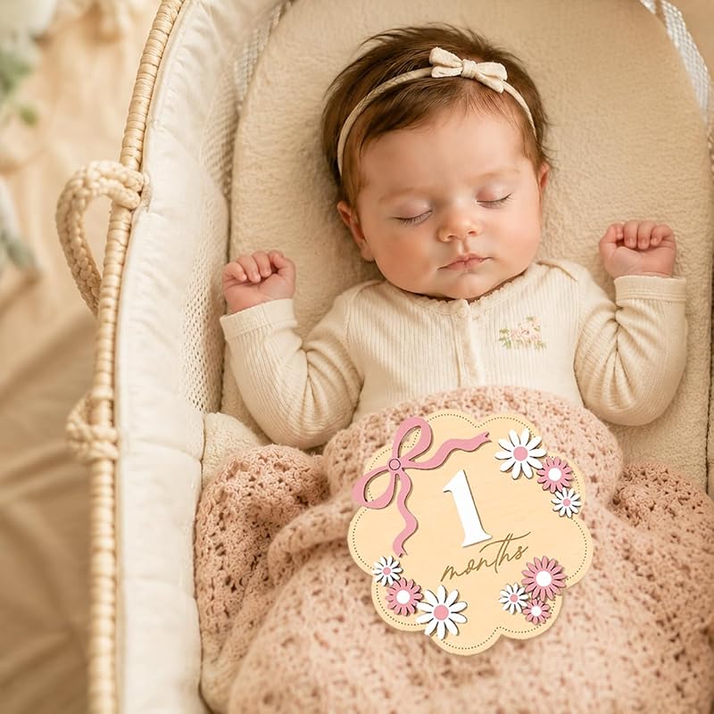 Monthly Milestone Sign Set for Girls with Pink Bow – 1–12 Months, Double-Sided Wooden Baby Photo Keepsake (Variation: Pink Flower01)