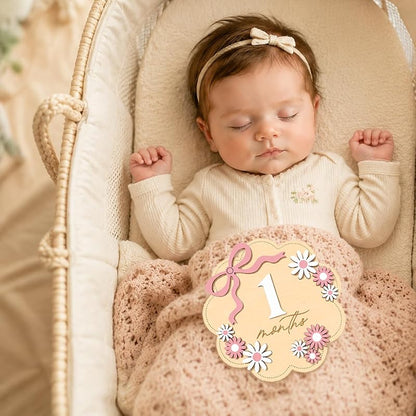 Monthly Milestone Sign Set for Girls with Pink Bow – 1–12 Months, Double-Sided Wooden Baby Photo Keepsake (Variation: Pink Flower01)