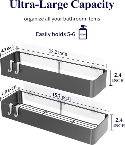 Kitsure Shower Caddy - Rustproof Adhesive Organizer for Bathroom Storage | Dark Grey, 2 Pack