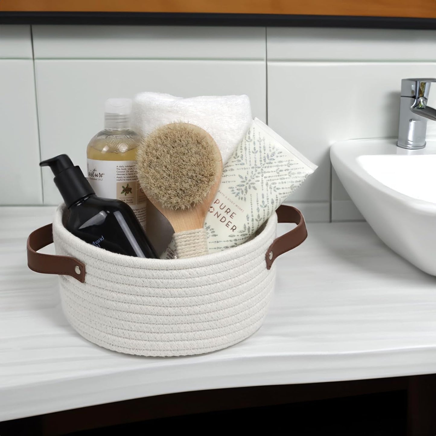 Skiennix Small Woven Basket - Cute Mini Cotton Rope Storage Bin with Leather Handle | Boho Nursery Organizer