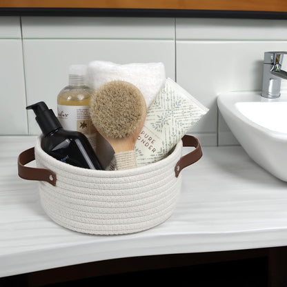 Skiennix Small Woven Basket - Cute Mini Cotton Rope Storage Bin with Leather Handle | Boho Nursery Organizer