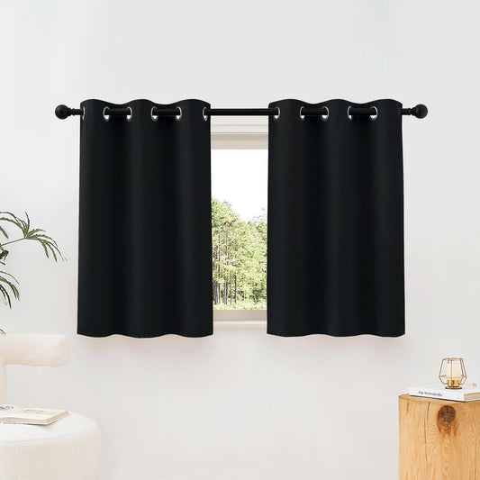 NICETOWN Black Blackout Curtains 30 inch Curtains for Kitchen, Grommet Cafe Curtains Solid Window Treatments Sound Reducing for Bedroom, 2 Panels, W37 x L30, 2 Panels