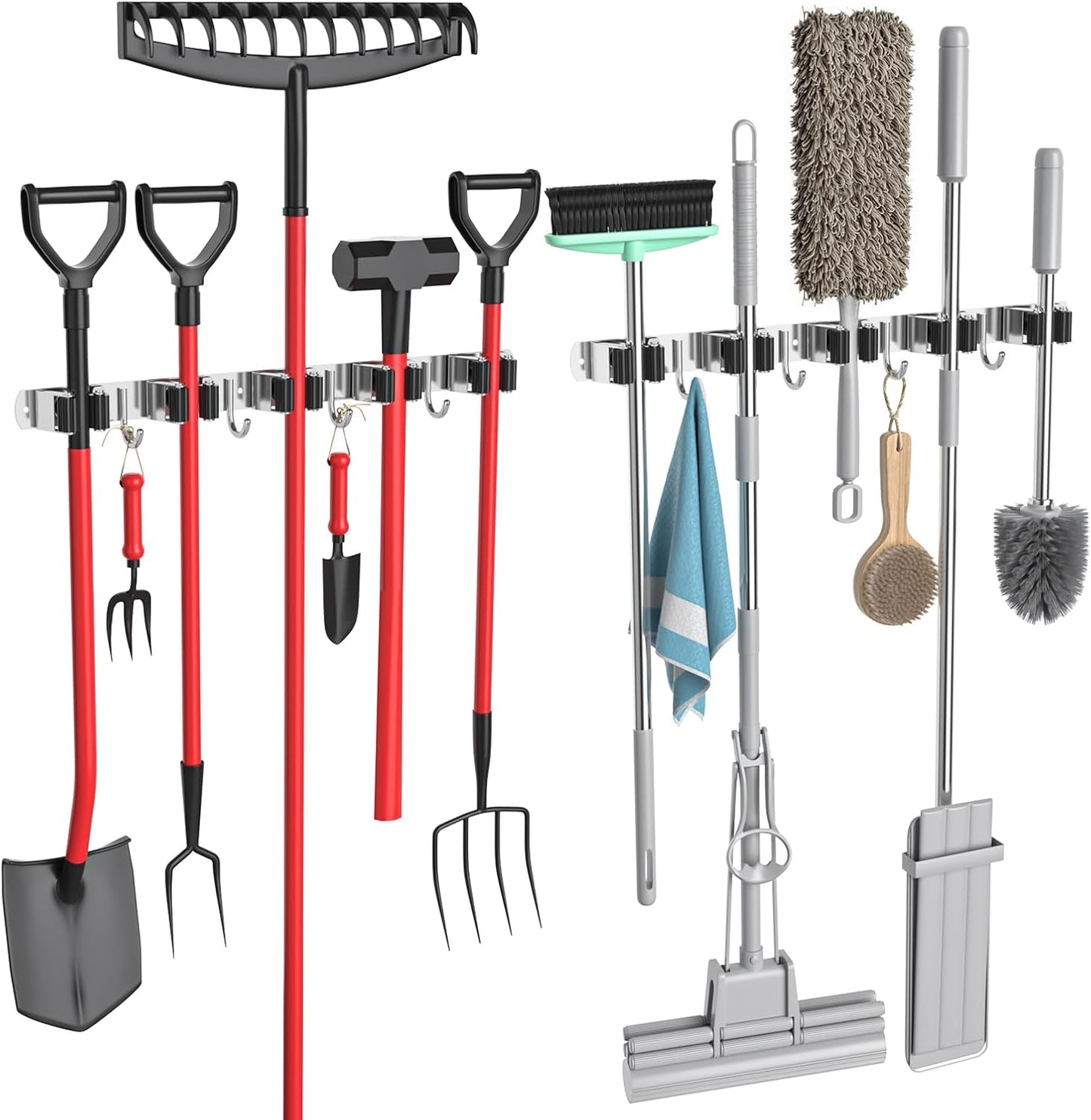 Skiennix Broom Holder - Heavy Duty Wall Mount Organizer with 5 Racks & 4 Hooks | Ideal for Kitchen, Garden, Garage