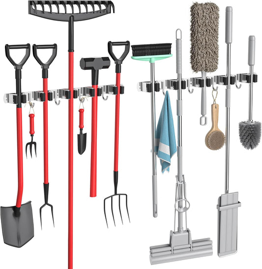 Skiennix Broom Holder - Heavy Duty Wall Mount Organizer with 5 Racks & 4 Hooks | Ideal for Kitchen, Garden, Garage