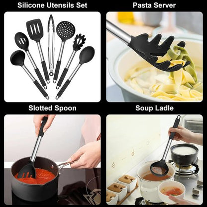 E-far Silicone Cooking Utensils Set - 7 Heat Resistant Kitchen Tools with Stainless Steel Handles | Black