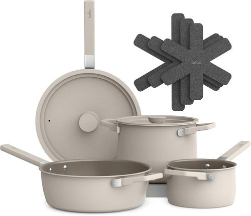 Bella 9-Piece Ceramic Nonstick Cookware Set - EverGood™ Coating, Dishwasher Safe, Stackable Design, Oatmilk Color