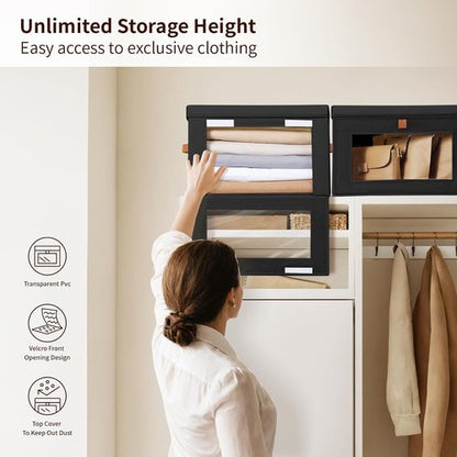 Homsorout Collapsible Storage Bins - Large Stackable Organizer Bins with Handles & Window | 2 Pack, Black