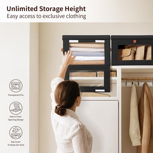 Homsorout Collapsible Storage Bins - Large Stackable Organizer Bins with Handles & Window | 4 Pack, Black