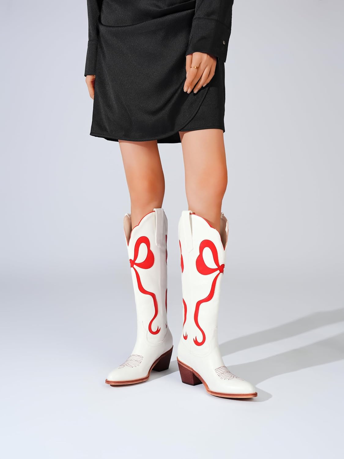 Skiennix Women's White Cowgirl Boots - Knee High, Almond Round Toe, Chunky Heel, Embroidered Design