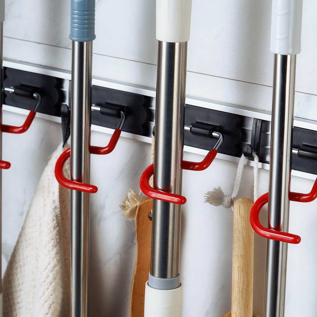 Skiennix Wall Mounted Mop and Broom Holder - Stainless Steel S-Type Organizer | 17 Inches, 4 Positions, 3 Hooks, Red & Black