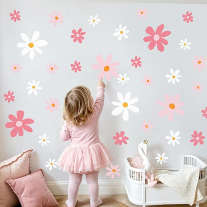 9 Sheets Pink and White Daisy Flower Wall Decals for Girls Bedroom - Variation: Pink and White