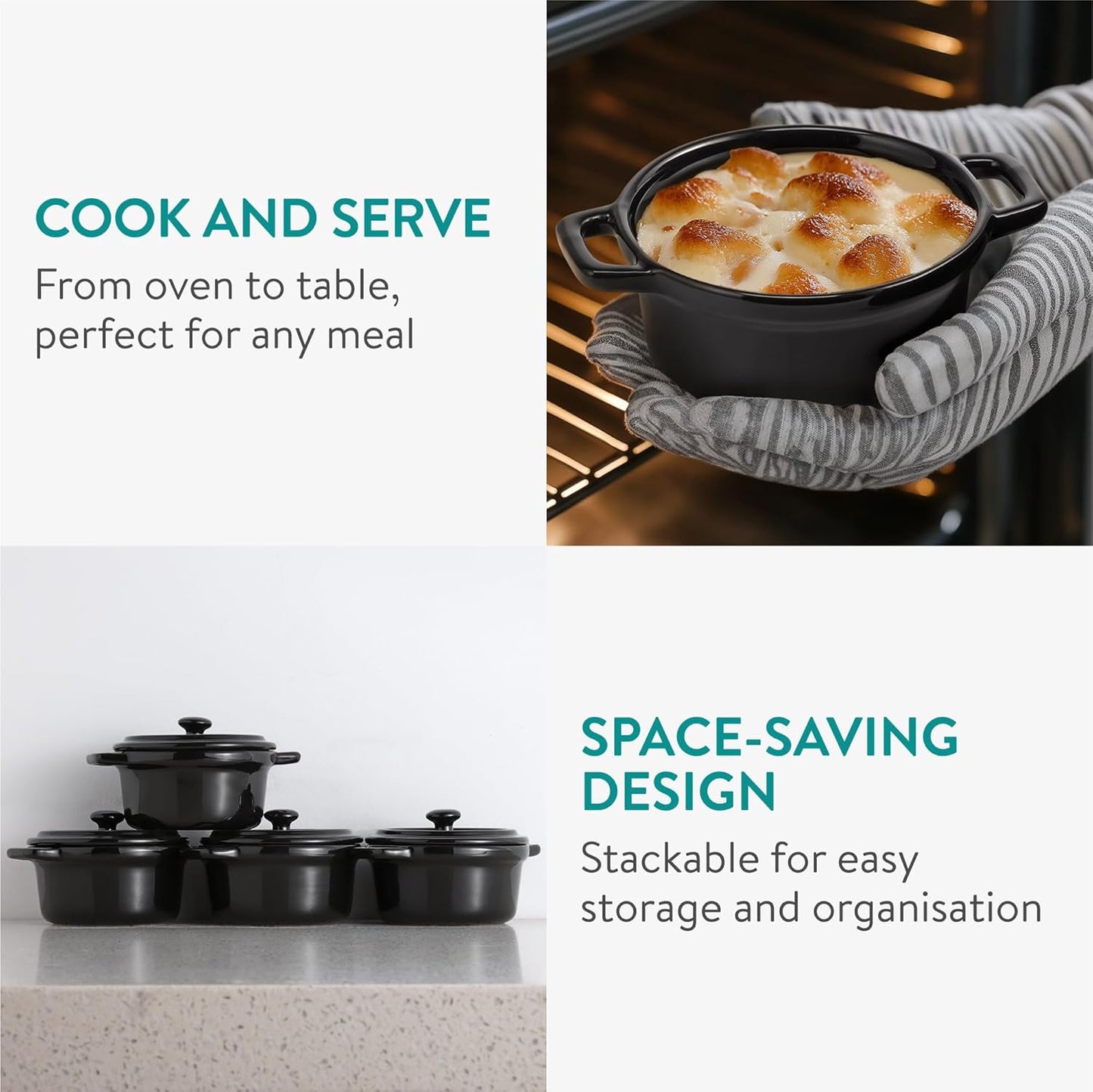 Navaris Mini Dutch Oven Casserole Dish Set - Oven-Proof with Lid - Easy Clean - 4 x 8 oz (237 ml) - Black
