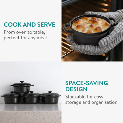 Navaris Mini Dutch Oven Casserole Dish Set - Oven-Proof with Lid - Easy Clean - 4 x 8 oz (237 ml) - Black