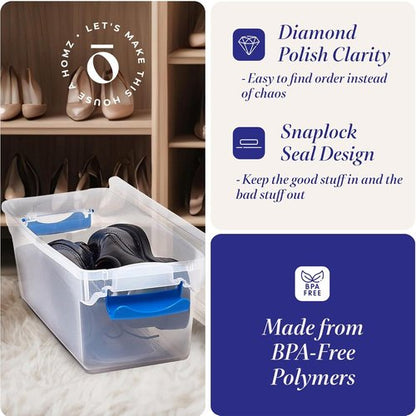 HOMZ Clear Plastic Storage Bins - 5-Pack Latching Lid Organizers, 7.5 Quart, Blue Latch | Stackable for Home & Office