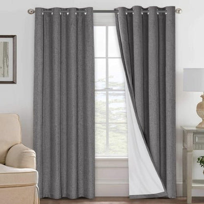 H.VERSAILTEX Linen Curtains 100% Blackout Curtains for Bedroom 90 inch Long Full Light Blocking Nature Linen Blended Window Curtains for Living Room Nickel Grommet (2 Panels, Grey)