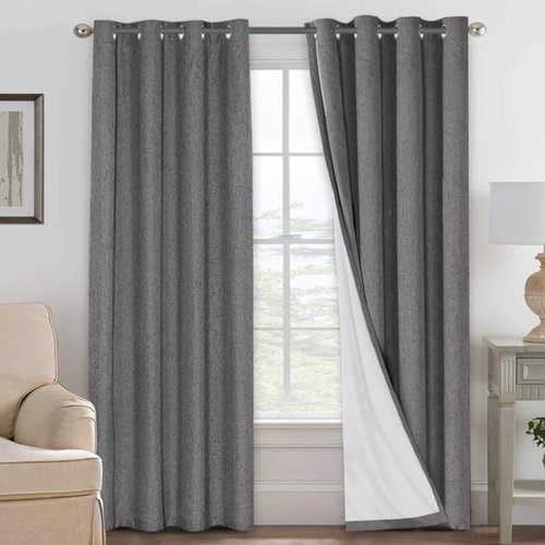 H.VERSAILTEX Linen Curtains 100% Blackout Curtains for Bedroom 90 inch Long Full Light Blocking Nature Linen Blended Window Curtains for Living Room Nickel Grommet (2 Panels, Grey)