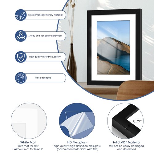 PEALSN 10x14 Picture Frame Set of 6, Display Pictures 8.5 x 11 with Mat or 10 x 14 without Mat for Wall Mounting Display, Photo Frames Collage for Wall Decor, Black.