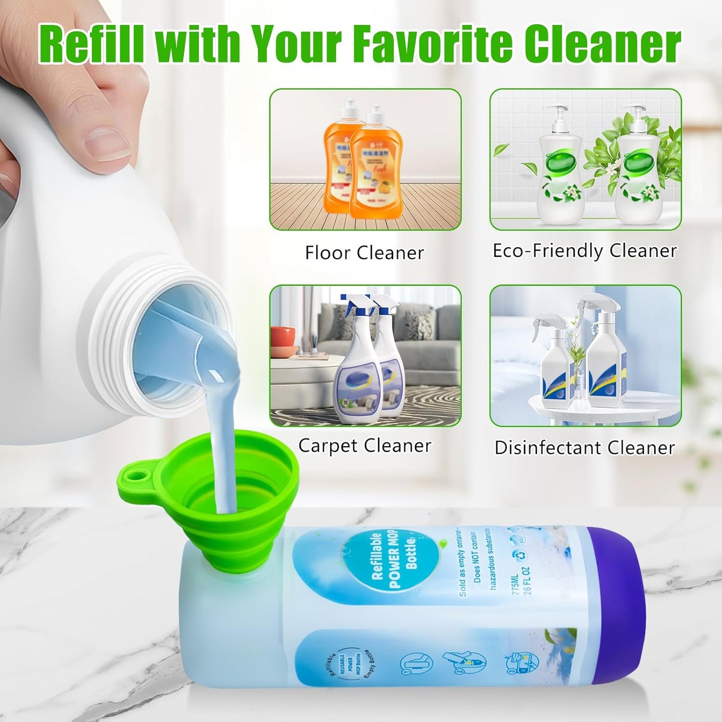 PowerMop Refillable Bottle - 26 FL OZ Leak-Proof HDPE Container with 5 Silicone Gaskets & Funnel