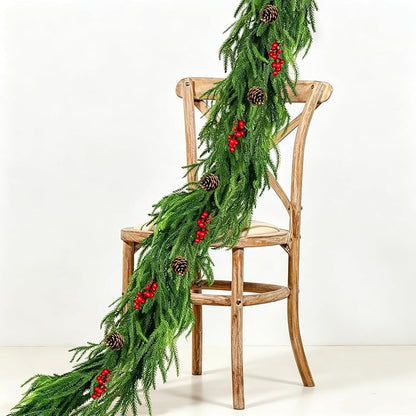 6Ft Norfolk Pine Garland with Red Berries & Pine Cones - Real-Touch Christmas Church Mantle
