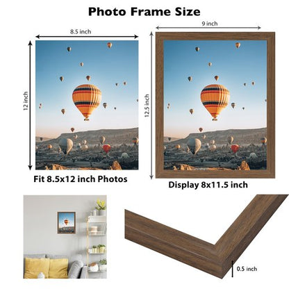 JCJMY 8.5x12 Picture Frame Brown for Wall Hanging or Tabletop, Wall Mounting Horizontally or Vertically, 8.5 x 12 Wall Gallery Poster Photo Frame with Shatter Resistant Plexiglass, Brown