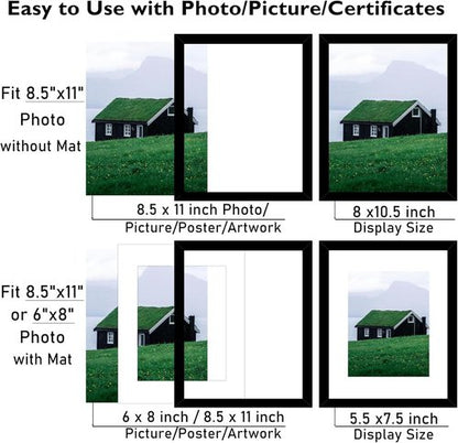 JCJMY Picture Frame Set of 2 - 8.5x11 & 6x8 Mat Options for Wall or Tabletop Display - Black