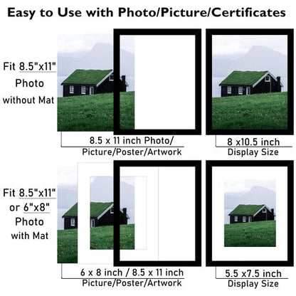 JCJMY 8.5 by 11 Picture Frame Set of 6 with 6x8 Mat for Certificate Document Photo, Display 6x8 with Mat or 8.5x11 without Mat, 8.5 x 11 Frame for Wall or Tabletop, 6 Pack, Black