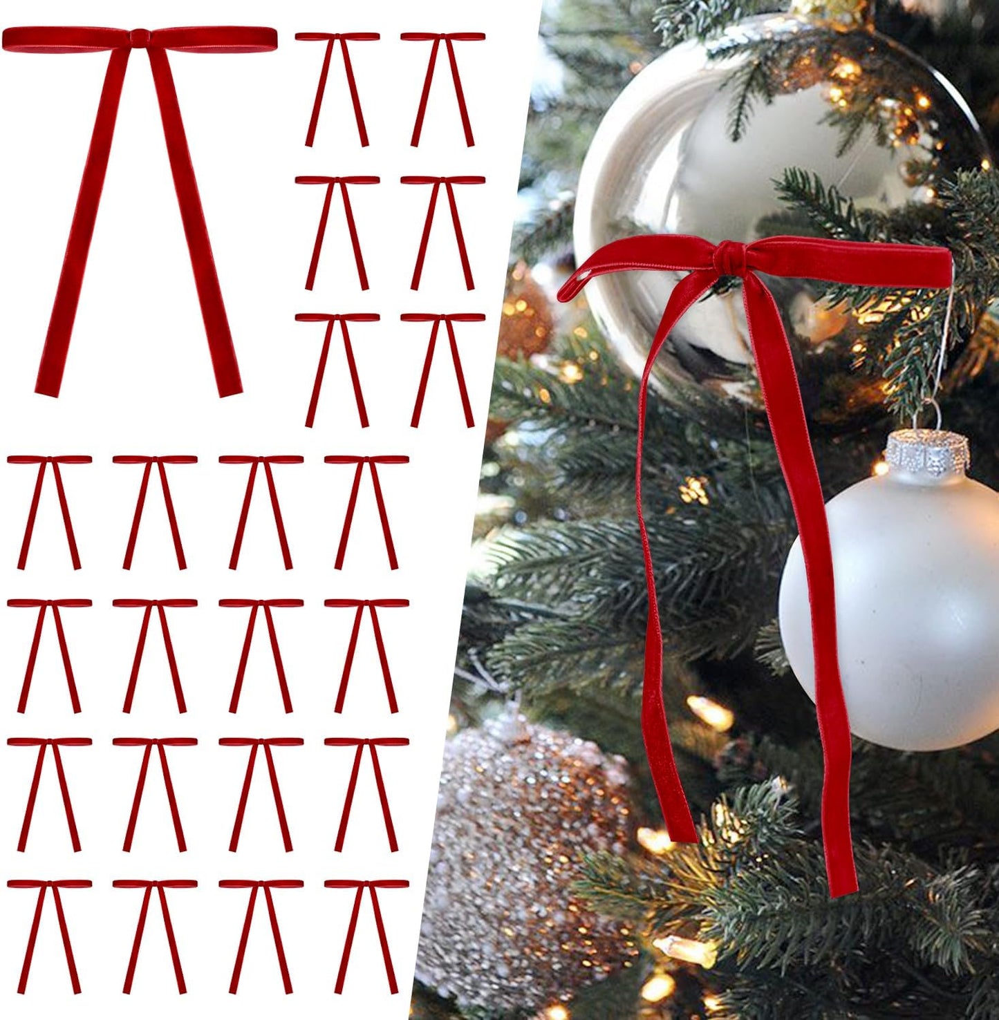 SIMISI Velvet Ribbon Bows - 24 Pcs Red Christmas Decorations for Tree, Wreath & Garland (3/8'' Width, 5x7 Inch)