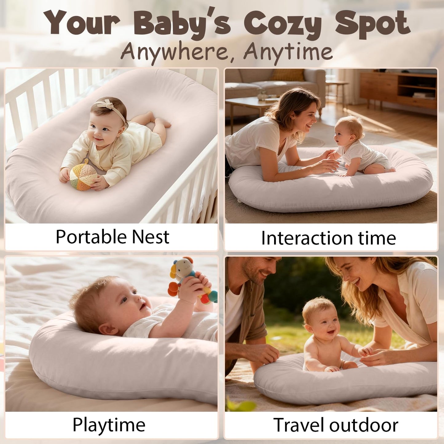 Skiennix Extra Large Baby Lounger - Pure Cotton Infant Nest with Thick Support & Removable Cover | Ideal for Play & Care