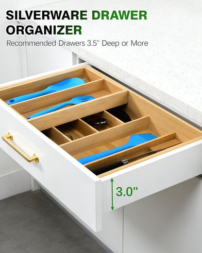 HULISEN Bamboo Utensil Drawer Organizer - 2-Tier Silverware Holder with Sliding Top & Removable Knife Slot - Deep 8-Slot Design