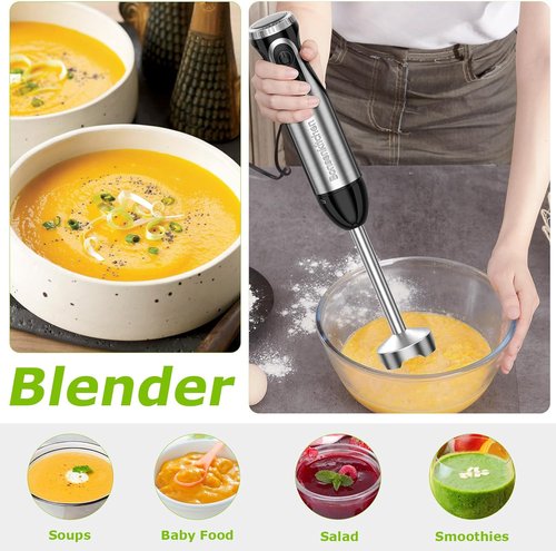 Bonsenkitchen Handheld Immersion Blender - 20-Speed Turbo Mode, 500W Stainless Steel | Perfect for Soup, Smoothies, Purees