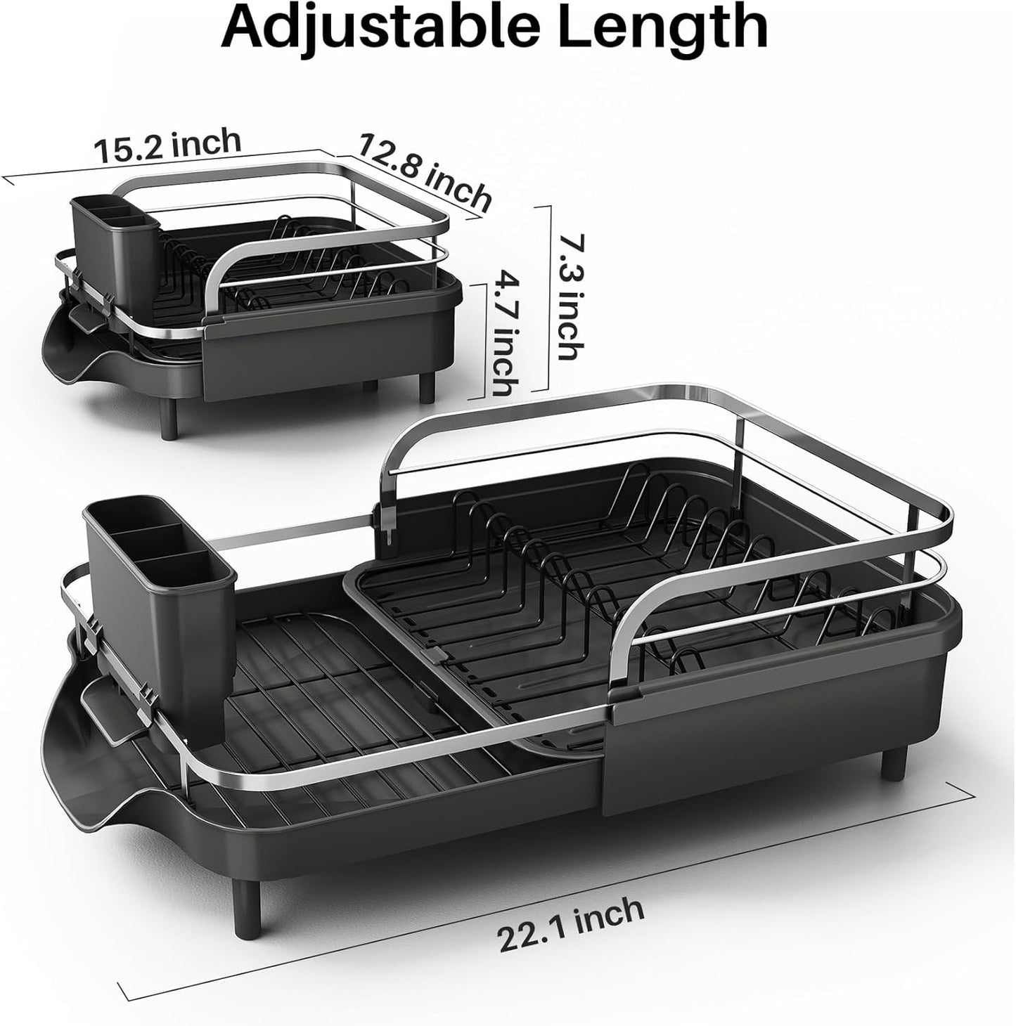 SNTD Dish Drying Rack - Expandable Stainless Steel Dish Drainer with Drainboard & Utensil Holder | Black
