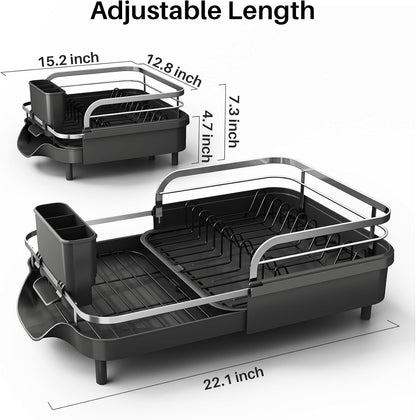 SNTD Dish Drying Rack - Expandable Stainless Steel Dish Drainer with Drainboard & Utensil Holder | Black