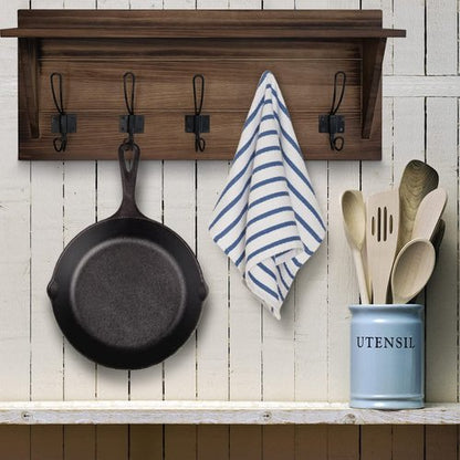 HBCY Creations Rustic Brown Solid Wood Wall Mounted Coat Rack with Shelf, 5 Hooks, 24" Long - Kitchen, Mudroom, Entryway, Bathroom - Includes Mounting Hardware, Coat Hanger, Dog Leash Hooks