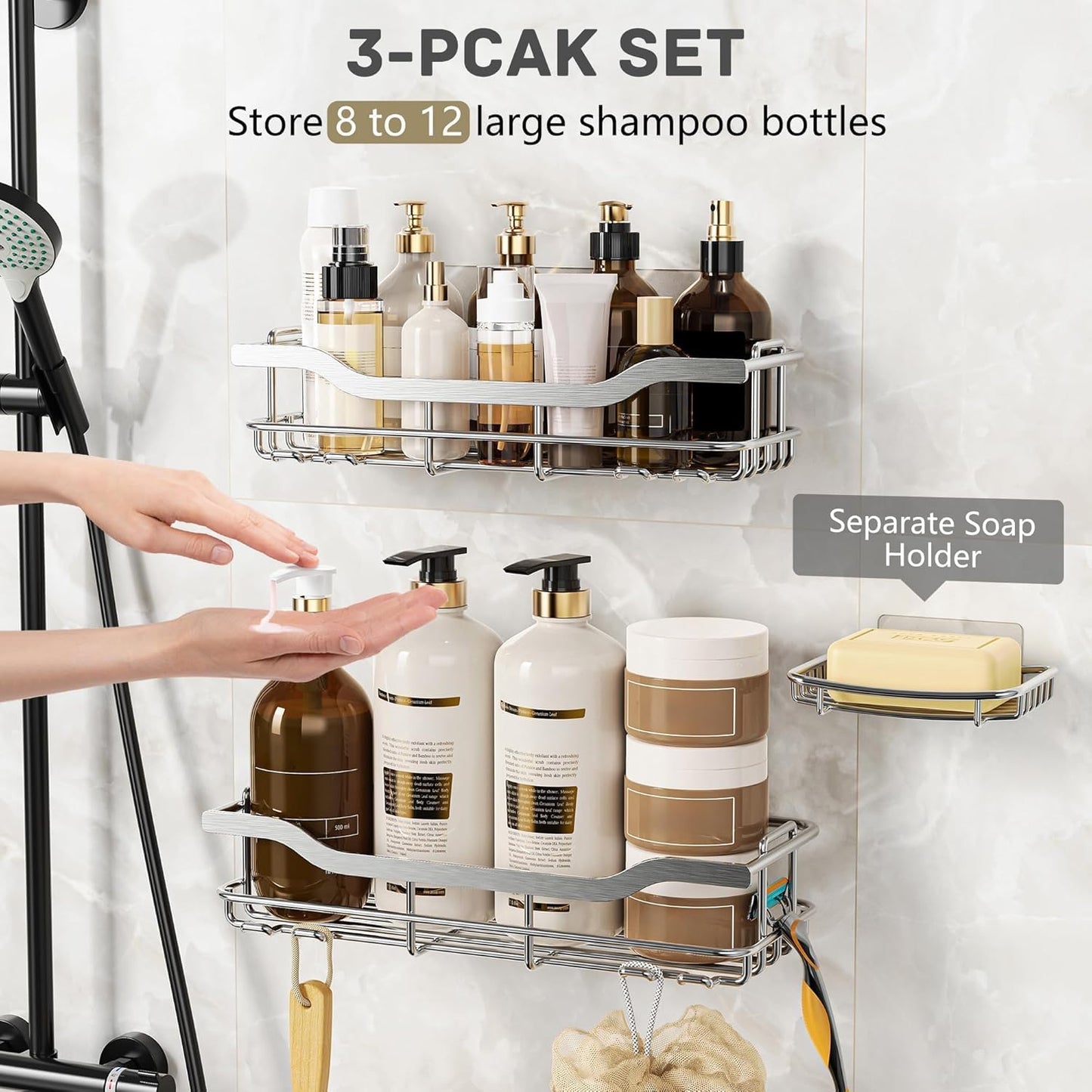 OMAIRA Shower Caddy - 3-Pack Rustproof No-Drill Organizer with Soap Holder for Smooth Walls | Silver