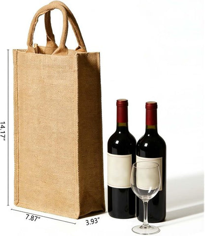 Jute Burlap 2 Bottle Wine Gift Tote Bags with Soft Cotton Handles Reusable for Wedding, Parties,Birthdays